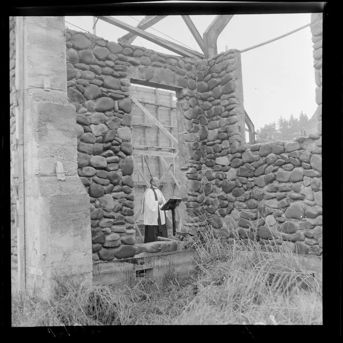 Church service being conducted in an unfinished church in Stokes Valley, Hutt Valley