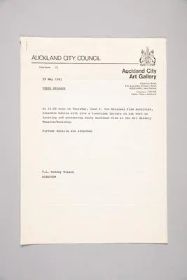 [Press Release for Lunchtime Lecture by Jonathon Dennis, Auckland City Art Gallery Theatre/Workshop, 29 May 1981]