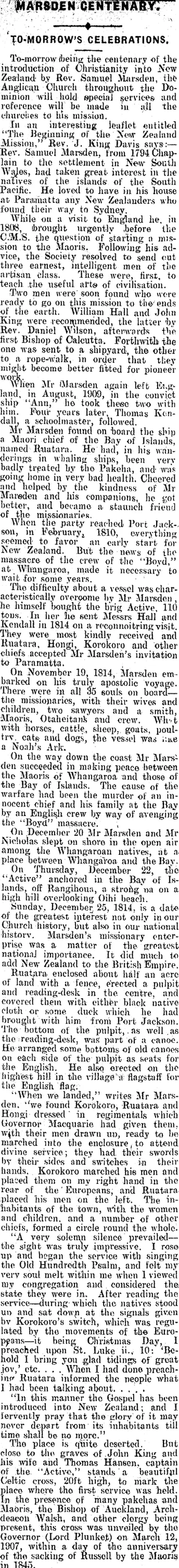 Image: MARSDEN CENTENARY. (Mataura Ensign 24-12-1914)
