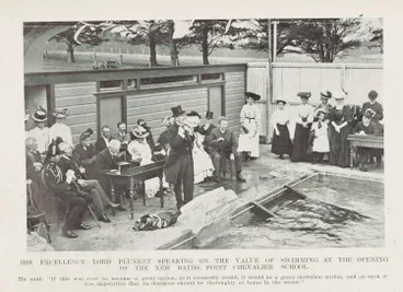 His Excellency Lord Plunket speaking on the value of swimming at the opening of the new baths, Point Chevalier School Image: His Excellency Lord Plunket speaking on the value of swimming at the opening of the new baths, Point Chevalier School