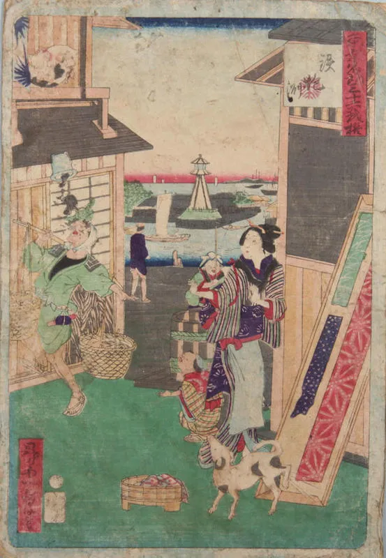 Cat knocks pot plant onto pannier man's head from window.