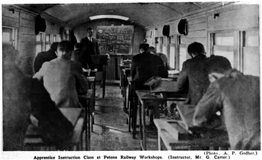 Image: (Photo. A. P. Godber.) — Apprentice Instruction Class at Petone Railway Workshops. (Instructor, Mr. G. Carter.)