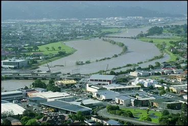 Image: The Hutt River swollen by heavy rain