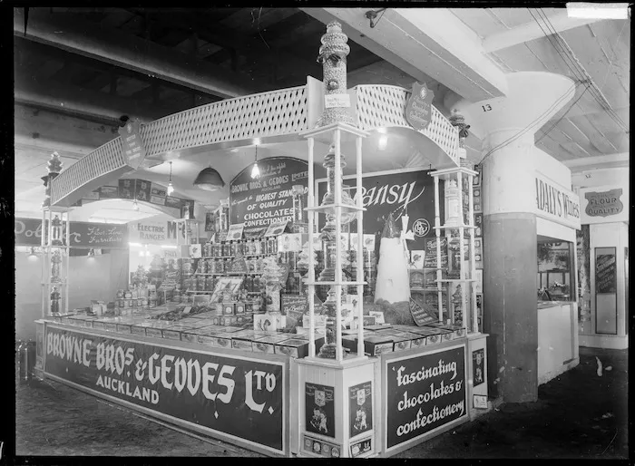 Stall at a trade fair advertising and displaying the produce of Browne Brothers & Geddes, wholesale manufacturing confectioners