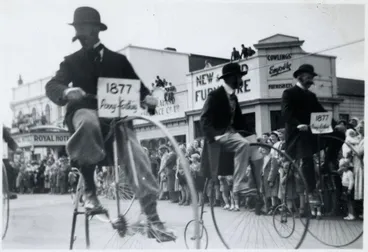 Costumed Men on Pennyfarthings - 1952 Jubilee Celebrations Image: Costumed Men on Pennyfarthings - 1952 Jubilee Celebrations