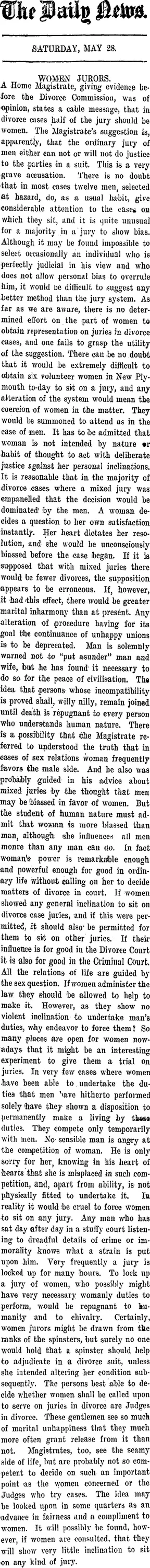 The Daily News. SATURDAY, MAY 28. WOMEN JURORS. (Taranaki Daily News 28-5-1910)