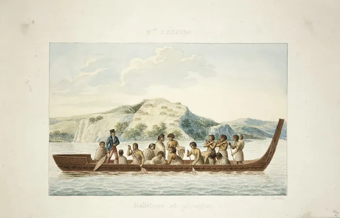 Lejeune, Jules Louis, fl 1804-1851 :N[ouvel]le Zelande. Habitans et pirogue. N[umer]o 45. [Copied 1825 or 1826 by Antoine Chazal from an 1824 drawing by Jules Louis LeJeune]