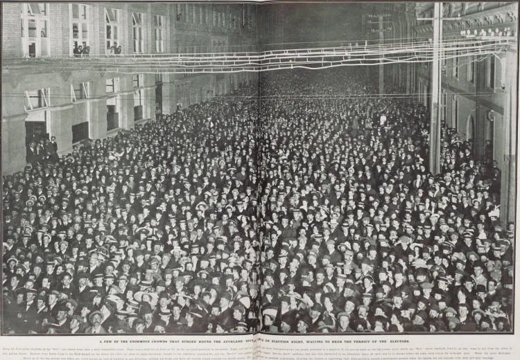 A few of the enormous crowds that surged round the Auckland 'Star' office on election night, waiting to hear the verdict of the electors
