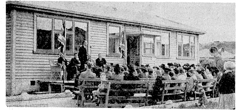 Opening the three-units dental clinic at the Miramar Central School on Saturday afternoon. It is the first school clinic built inside the Wellington metropolitan area, and the largest of its kind yet provided. Mr. J. L. Saunders, Director of the Division of Dental Hygiene, is seen speaking, and seated behind him, Vfrom the left, are the Mayor (Mr. Appleton), Mr. G. Wright, chairman of the school committee, Mr. Mason, Minister of Education, ivho officially opened the clinic, and Mr. W. V. Dyer, chairman of the Wellington Education Board. (Evening Post, 09 April 1945)