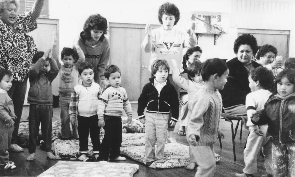 Ōrongomai marae 1987; Access trainees welcomed at the kōhanga reo.