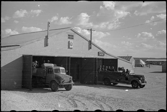 Two engines of NZ Maadi Camp Fire Unit leave station for practice run, Egypt - Photograph taken by George Bull