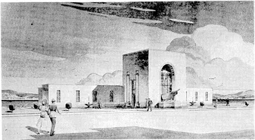Image: Evening Post" Photo. Donald Nairn, six and a half years of age, was the central figure of this departure from Rongotai Aerodrome yesterday. Suffering from respiratory. paralysis, his only chance was to reach Auckland- as quickly as possible and be placed in an iron lung. Rushed from the Wellington Hospital to the aerodrome by the Wellington Free Ambulance, he ivas transferred to the Aero Club's Percival Vega Gull machine, and, accompanied by Dr. J. F. Bradbury, who is seen supervising the loading, arrived '•''."' at Auckland, Hospital shortly before 3.30 p.m. ~y ' \ \\ Klaßf Photo. Architects drawing by Mr. Horace L. Massey, Auckland, for .the memorial to be erected on the foreshore. 'at Petone to commemorate the landing of the first tenters on Petone beach. The work consists Of a memorial portion nnd bathing, accommodation.-. The- memorial section has two entrances, one facing the end of Buick Street and the other the beach. Inside the memorial ' hall. will be ■ inscribed the names of the early ships, and scenes will be depicted of interesting periods of the past century (Evening Post, 30 May 1939)