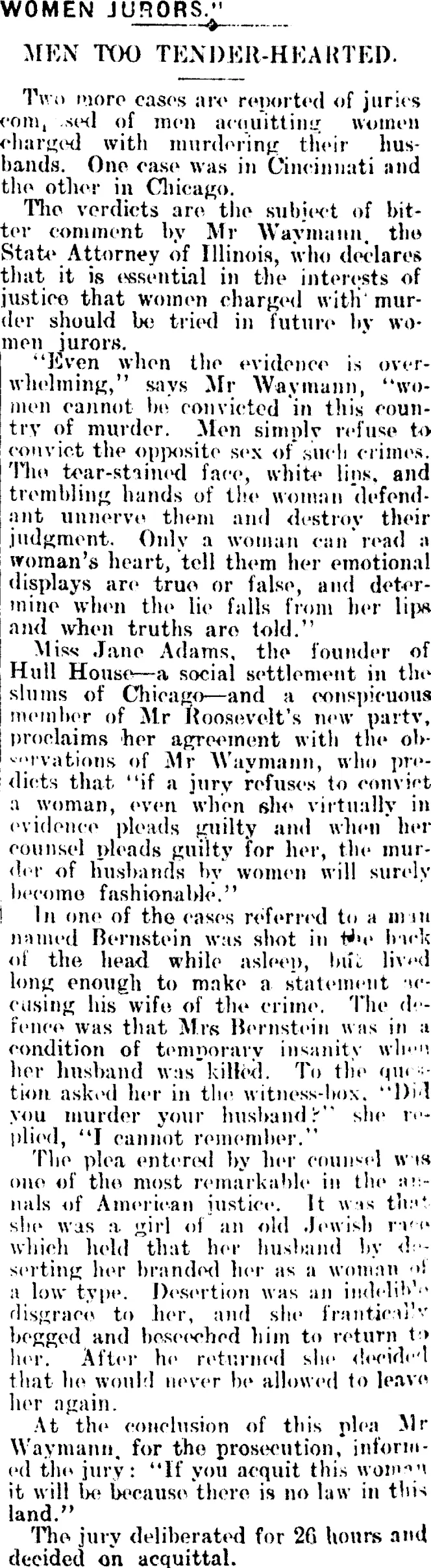 "WOMEN JURORS." (Mataura Ensign 9-10-1912)