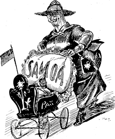 Image: February 22, 1919.] BILL'S MANDATE���THE WAR BABY. The mandate given to New Zealand over Samoa was greatly discussed when the terms of the armistice were new. New Zealand's responsibility as a small new nation grew with this new infant, and she had a special interest in the infants, as she occupied Samoa at the outbreak of war under orders from the British High Command. (Observer, 20 September 1919)