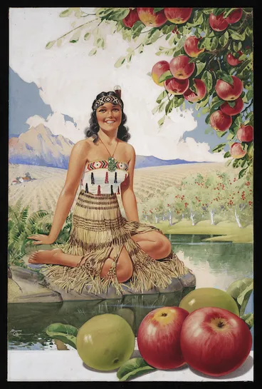 Image: Cole, Edward, fl 1930s :[New Zealand apples with Maori woman. 1930s?]