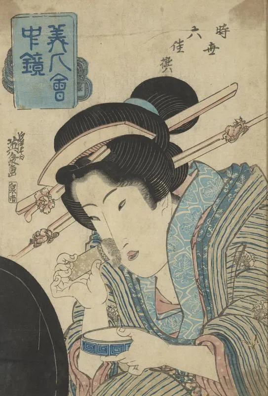 Woman powdering her nose in front of a mirror