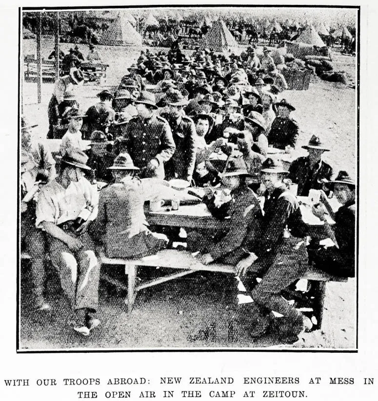 With our troops abroad: New Zealand Engineers at mess in the open air in the camp at Zeitoun