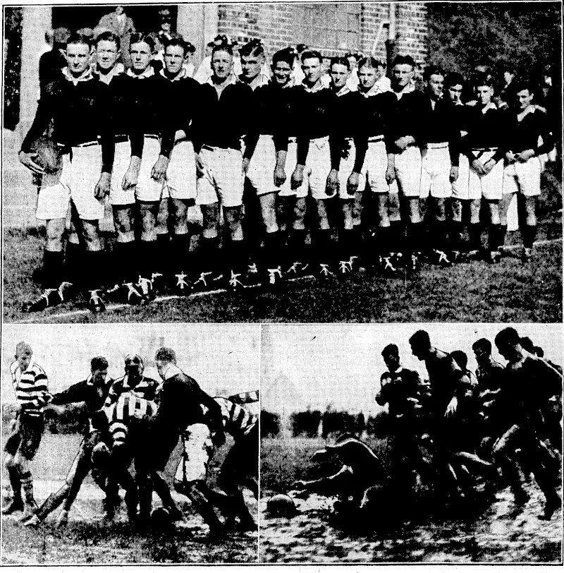Evening Post" Fnoto. WELLINGTON COLLEGE VICTORIOUS.—At top, the Wellington College team which won the inter-collegiate Rugby, tournament by defeating the Christ's College fifteen. Beloio, incidents during yesterday's matches,' showing the muddy condition of the playing areas. (Evening Post, 22 August 1933)
