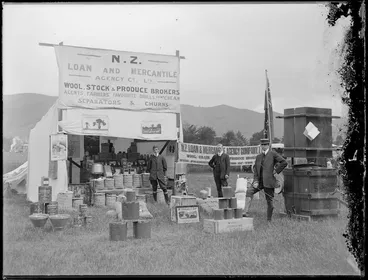 Image: New Zealand Loan and Mercantile Agency stand at an Agricultural and Pastoral show, probably Nelson district