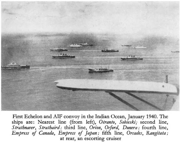 First Echelon and AIF convoy in the Indian Ocean, January 1940. The ships are: Nearest line (from left), Otranto, Sobieski; second line, Strathnaver, Strathaird; third line, Orion, Orford, Dunera; fourth line, Empress of Canada, Empress of Japan; fifth...