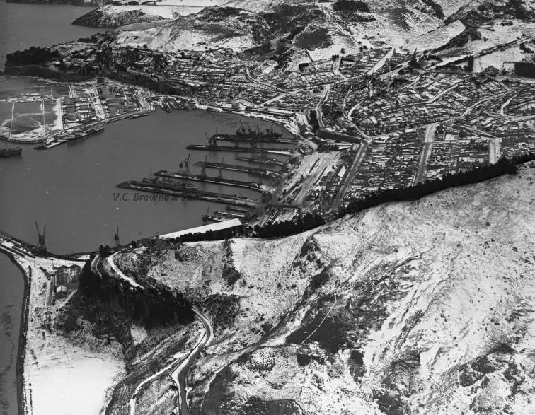 Lyttelton Wharves with snow (PB0202/3)