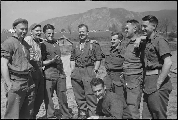 Group of NZ Infantry personnel rest behind the line after heavy fighting for Cassino, Italy, World War II - Photograph taken by George Kaye