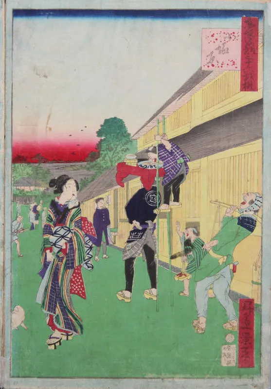 Boy on stilts eats food from tray on vendor's head