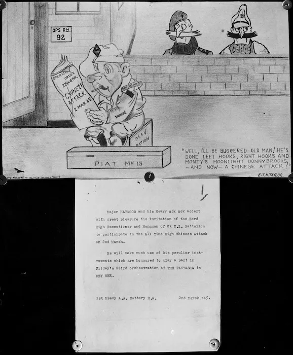 Sketch on the 'Chinese Attack' by 23 NZ Battalion on the Faenza Sector, Italy, and acceptance to the attack by 1 Heavy Anti Aircraft Battery