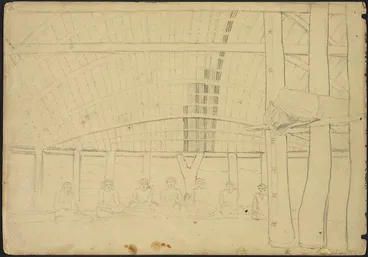 Image: [Turnbull, Henry Hume] d 1858 :[Interior of a large Samoan meeting house, with a group of chiefs seated in a line at a meeting, 1849]