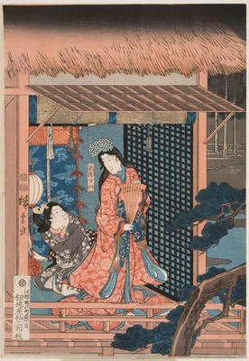 Mitate Hakkei; Night rain at Gion (left hand sheet of Triad)