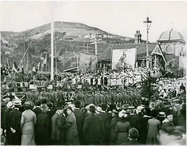 Image: First ANZAC Day Observance, Petone Railway Station, 25 April 1916 #ANZAC