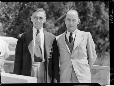 Image: South African sculler I R G Stephen with another man, 1950 British Empire Games rowing camp, Karapiro