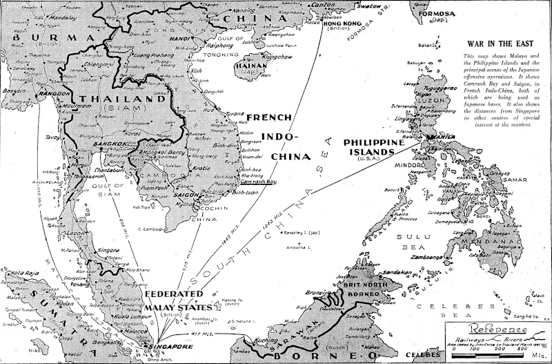 WAR IN THE EAST This map shows Malaya and the Philippine Islands and the principal scenes of the Japanese offensive operations. It shows Camranh Bay and Saigon, in French Indo-China, both of which are being used as Japanese bases. It also shows the distances from Singapore to other centres of special interest at the monfent. (Evening Post, 11 December 1941)