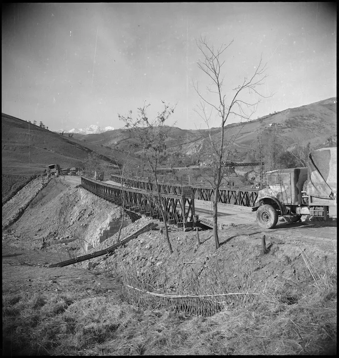 One of the Bailey bridges constructed by NZ engineers in Sangro River area, Italy, World War II - Photograph taken by George Kaye