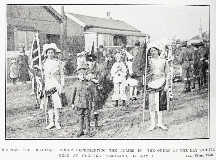 Helping the Belgians: group representing the Allies in the Queen of the May Festival, held at Hokitika Westland, on May 1