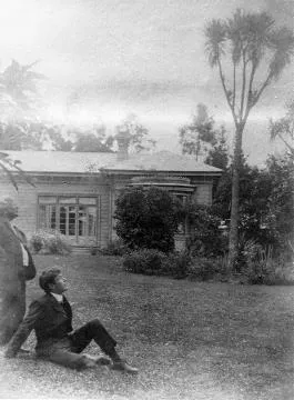 Charles Haigh and an older man in front of Te Rakaunui Homestead in Greytown