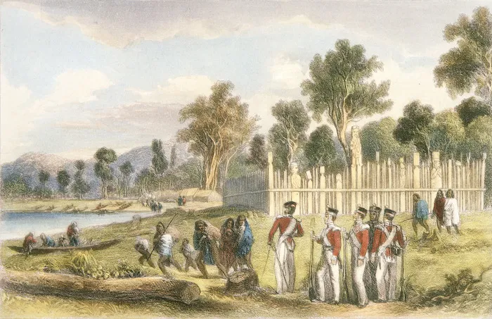 [Brees, Samuel Charles] 1810-1865 :Makaenuku Pa, district of the Hutt 1845? [Drawn by S C Brees. Engraved by Henry Melville. London, 1849]