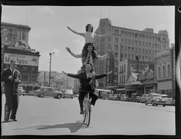 Image: Four people on one bicycle in Courtenay Place, Wellington
