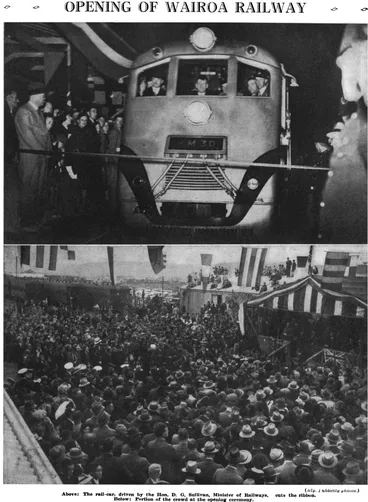Image: Opening Of Wairoa Railway — (Rly. Publicity photos.) — Above: The rail-car, driven by the Hon. D. G. Sullivan, Minister of Railways, cuts the ribbon. Below: Portion of the crowd at the opening ceremony
