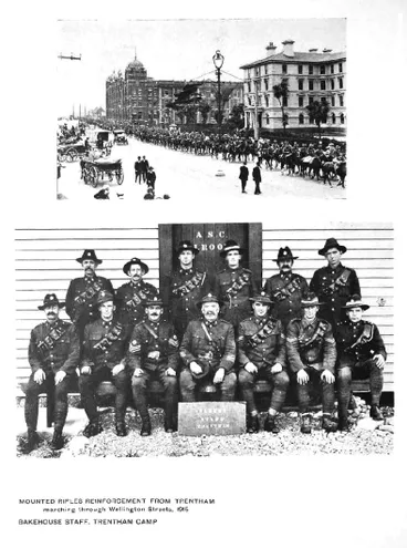 Image: Mounted Rifles Reinforcement from Trentham marching Through Wellington Streets, 1915 — Bakehouse Staff, Trentham Camp