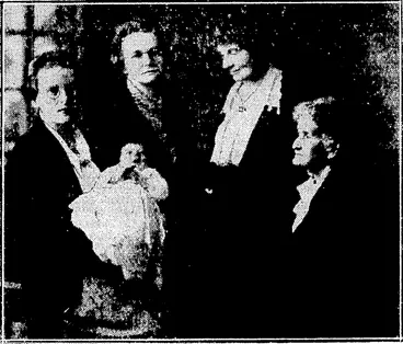 Image: Gertiud Gardner Photo. FIVE GENERATIONS.AT MASTERTON.—From right, Mrs. Elizabeth Lloyd, her daughter (Mrs. W. S. W. McGowan), her granddaughter (Mrs. ]. B. Clark), her-great granddaughter (Mrs. E. B. Willis), and the infant, her great great grandchild—five generations, all born in Neiv Zealand. Mrs. Lloyd's parents were married at '■ Wellington. (Evening Post, 24 June 1935)