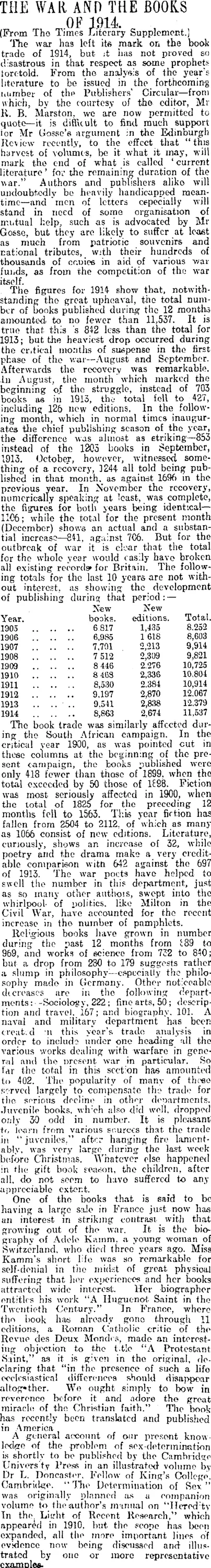 THE WAR AND THE BOOKS OF 1914 (Otago Daily Times 13-2-1915)