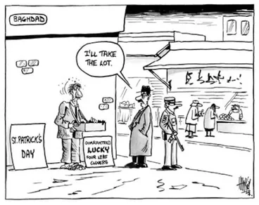 Image: St. Patrick's Day. "Guaranteed LUCKY four leaf clovers." "I'll take the lot." 17 March, 2003.