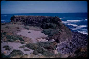 Image: Panorama of coastal setting of Te Namu pa, the north head of Opunake Cove in distance