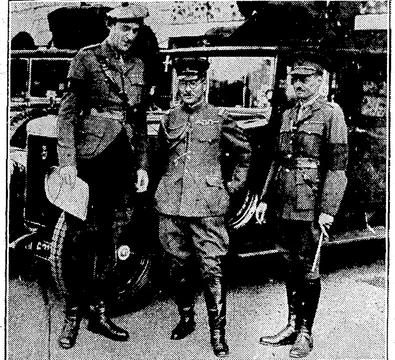 Sport and General" Photo. JAPANESE MILITARY EXPERT VISITS LONDON.—Major-General R. Ando, Japanese attache fin centre),,about to leave the Horse Guards Parade, London, to witness the Southern Command manoeuvres on Salisbury Plain. On the left is Major Hay, the tallest 1 office? in the Biitish Aimy. (Evening Post, 01 November 1934)