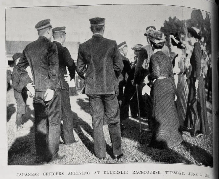 Japanese officers arriving at Ellerslie Racecourse, Tuesday 3 June 1902