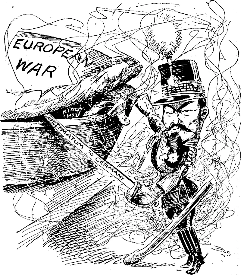 August 29, 1914. A FINGER IN THE PIE. The Jap: "Now for a Japanese Plum!" At this period Japan was aiding wonderfully with her navy, planned on British lines, in convoying British-Colonial troops m helping to police the seas, and in looking after the Allies' safety. It has since been seen that this cartoon is prophetic, and Japan certainly does want a plum!. (Observer, 20 September 1919)