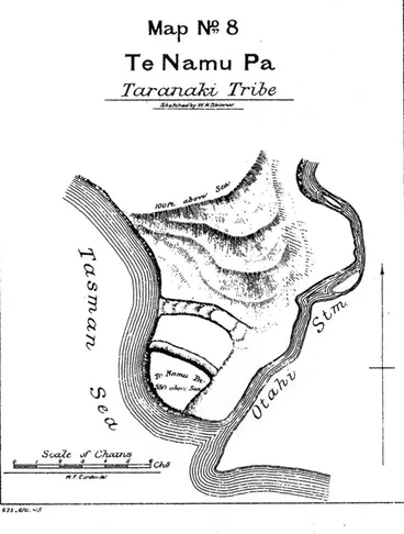 Image: Map No 8 — Te Namu Pa — Taranaki Trib — Sketchod by W.N. Jkinmer