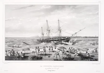 La Corvette L'Astrolabe en perdition sur les recifs. (Tonga-Tabou). [The Corvette Astrolabe in distress on the reef (Tongatapu)]