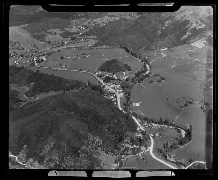 The township of Kaeo and State Highway 10, south of Whangaroa Harbour surrounded by farmland and hills, Northland